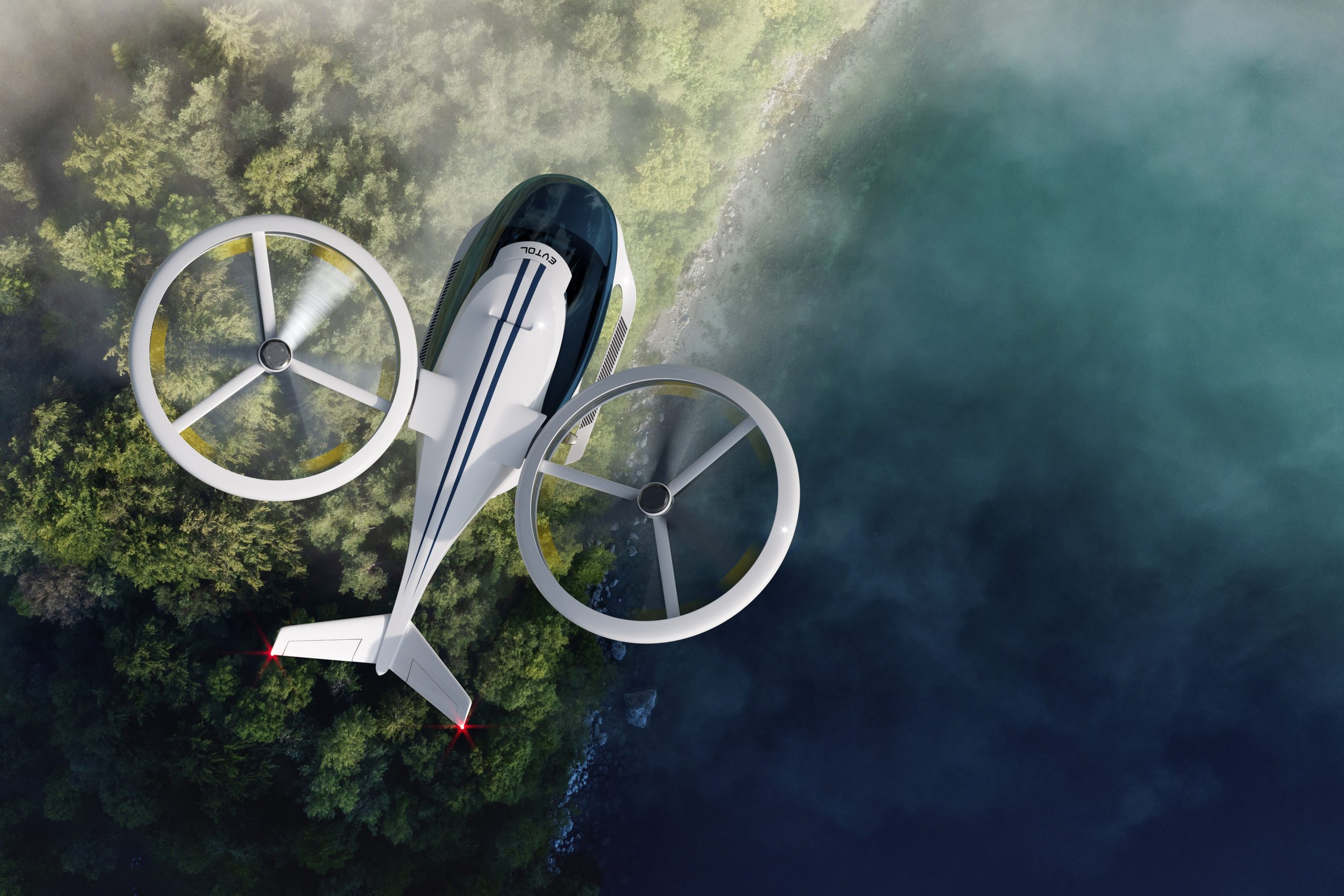 a drone flying over a forest